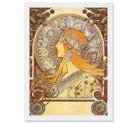 Alphonse Mucha Zodiac 1896 Art Nouveau Orange Gold Painting A4 Artwork Framed Wall Art Print Artery8 White One Size