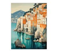 Artery8 Amalfi Coast Artwork Blue Orange Green Coastal Village Italy Landscape Extra Large XL Unframed Wall Art Poster Print | Size: W24" x H32" Artery8 Multicolor W24" x H32"