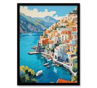 Wall Art Print Amalfi Coast Artwork Blue Orange Green Italy Coastal Village Landscape Art Framed Artery8 Black W12 inch x H16 inch
