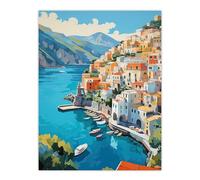 Artery8 Amalfi Coast Artwork Blue Orange Green Italy Coastal Village Landscape Extra Large XL Wall Art Poster Print