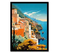 Amalfi Coast Artwork Italy Cliffside Villages Overlooking Azure Mediterranean Sea Art Print Framed Poster Wall Decor Artery8 Black W12 inch x H16 inch