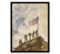 American Flag Soldiers Iwo Jima WWII Watercolour Framed Wall Art Artery8 Brown A4