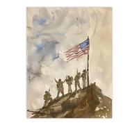 American Flag Soldiers Iwo Jima WWII Watercolour Wall Art Print Artery8 Brown W24 inch x H32 inch