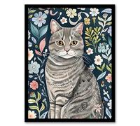 Artery8 American Shorthair Cat Lover Floral Watercolour Living Room Artwork Framed Wall Art Print A4