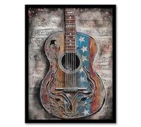 Artery8 Americana Music Painting American Flag Acoustic Guitar Pastel Artwork Artwork Framed Wall Art Print A4