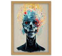 Artery8 Android Cyborg AI Skull With Infrared Eyes Artwork Framed Wall Art Print A4 in Light Oak Artery8 Light Oak