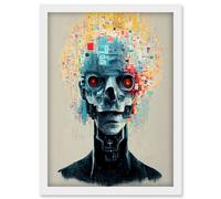 Artery8 Android Cyborg AI Skull With Infrared Eyes Artwork Framed Wall Art Print A4 in White Artery8 White