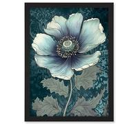 Artery8 Anemone Flower Bloom Teal Blue Watercolour Artwork Framed A3 Wall Art Print