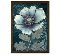 Artery8 Anemone Flower Bloom Teal Blue Watercolour Artwork Framed Wall Art Print A4