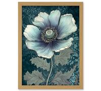 Artery8 Anemone Flower Bloom Teal Blue Watercolour Artwork Framed Wall Art Print A4
