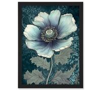 Artery8 Anemone Flower Bloom Teal Blue Watercolour Artwork Framed Wall Art Print A4