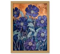 Artery8 Anemone Flower Blue and Amber Watercolour Painting Artwork Framed A3 Wall Art Print