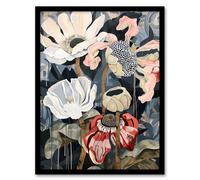 Artery8 Anemone Flowers After Storm Floral Painting Framed Art Print in Dark Blue | Size: A4 Artery8 Dark Blue A4