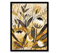 Artery8 Anemone Flowers Mustard Yellow Grey Boho Design Living Room Artwork Framed Wall Art Print A4