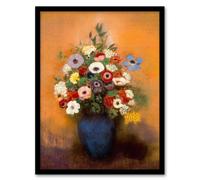 Artery8 Anemones And Lilacs In Blue Vase Redon Vintage Framed Wall Art Print 12X16"