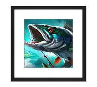 Artery8 Angler Large Game Catch Fish Fishing Rod Blue Green Orange Intense Painting Square Wooden Framed Wall Art Print Picture 9X9 Inch