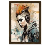 Artery8 Angry Young Woman with Mohawk Hair and Headphones Modern Watercolour Painting Artwork Framed Wall Art Print A4