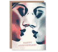 Artery8 Anniversary Card Lesbian Gay Couple Kiss Pink Blue Women Faces For Her Wife Woman Partner Girlfriend Greeting Card