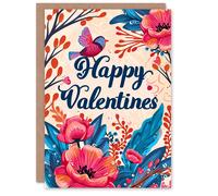 Artery8 Valentines Day Greeting Card Pink Anemone Flowers and Bird For Her Wife Partner