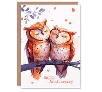 Artery8 Anniversary Card Two Cute Horned Owl Birds in Love Bright Sweet For Him or Her Partner Greeting Card