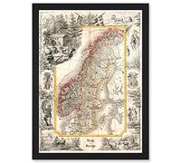 Antique Map 1847 Munch Norway Sweden Decorative Artwork Framed Wall Art Print A4 Artery8 Black One Size