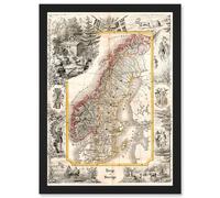 Antique Map 1847 Munch Norway Sweden Decorative Artwork Framed Wall Art Print A4 Artery8 Black One Size