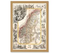 Artery8 Antique Map 1847 Munch Norway Sweden Decorative Artwork Framed Wall Art Print A4 in Light Oak Artery8 Light Oak