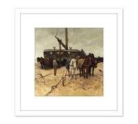 Artery8 Anton Mauve Fishing Boat On The Beach 8X8 Inch Square Wooden Framed Wall Art Print Picture with Mount in White Artery8 White