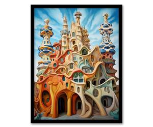 Artery8 Antoni Gaudi Style Orange Pink Blue Architecture Artwork Art Print Framed Poster Wall Decor 12x16 inch