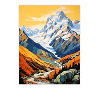 Aoraki Mount Cook Artwork Amber Orange Blue National Park New Zealand Snow Peaked Mountain Cloud Piercer Large Wall Unframed Art Poster Print Thick Pa Artery8 Multi W18 inch x H24 inch