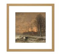 Artery8 Apol Winter Scene Sun Setting Behind Trees 8X8 Inch Square Wooden Framed Wall Art Print Picture with Mount in Light Oak Artery8 Light Oak