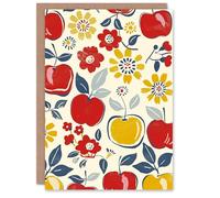Artery8 Apple Fruit and Flowers Red Yellow Blue Pattern Blank For Him Or Her Art Birthday Card