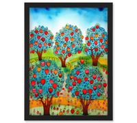 Artery8 Apple Orchard Trees Ready For Harvest Folk Art Landscape Watercolour Painting Artwork Framed Wall Art Print A4 in Black Artery8 Black