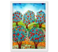 Artery8 Apple Orchard Trees Ready For Harvest Folk Art Landscape Watercolour Painting Artwork Framed Wall Art Print A4 in White Artery8 White