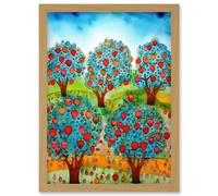 Artery8 Apple Orchard Trees Ready For Harvest Folk Art Landscape Watercolour Painting Artwork Framed Wall Art Print A4 in Light Oak Artery8 Light Oak