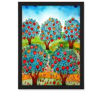 Artery8 Apple Orchard Trees Ready For Harvest Folk Art Landscape Watercolour Painting Artwork Framed A3 Wall Art Print