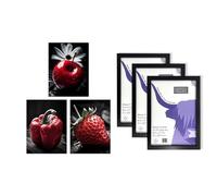 Artery8 Apple Pepper Strawberry Wall Art - Set of 3 A4 Sized Art with Black Frames - Red Black White Photograph Kitchen Décor