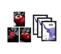 Artery8 Apple Raspberry Cherry Wall Art - Set of 3 A4 Sized Art with Black Frames - Red Black White Photograph Kitchen Décor