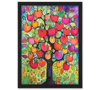 Artery8 Apple Tree Folk Art Bright Watercolour Painting Artwork Framed Wall Art Print A4 in Black Artery8 Black