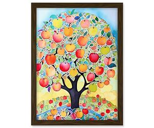 Artery8 Apple Tree Fruit Harvest Day Folk Art Bright Watercolour Painting Artwork Framed A3 Wall Art Print