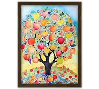 Artery8 Apple Tree Fruit Harvest Day Folk Art Bright Watercolour Painting Artwork Framed Wall Art Print A4 in Brown Artery8 Brown
