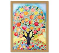 Artery8 Apple Tree Fruit Harvest Day Folk Art Bright Watercolour Painting Artwork Framed Wall Art Print A4 in Light Oak Artery8 Light Oak