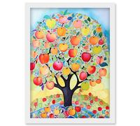 Artery8 Apple Tree Fruit Harvest Day Folk Art Bright Watercolour Painting Artwork Framed Wall Art Print A4 in White Artery8 White