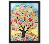 Artery8 Apple Tree Fruit Harvest Day Folk Art Bright Watercolour Painting Artwork Framed Wall Art Print A4 in Black Artery8 Black
