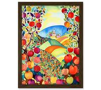 Artery8 Apple Tree Orchard Fields In Summer Folk Art Landscape Watercolour Painting Artwork Framed A3 Wall Art Print