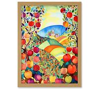 Artery8 Apple Tree Orchard Fields In Summer Folk Art Landscape Watercolour Painting Artwork Framed A3 Wall Art Print