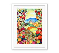 Artery8 Apple Tree Orchard Fields In Summer Folk Art Landscape Watercolour Painting Artwork Framed Wall Art Print 18X24 Inch