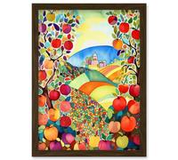 Artery8 Apple Tree Orchard Fields In Summer Folk Art Landscape Watercolour Painting Artwork Framed Wall Art Print A4 in Brown Artery8 Brown