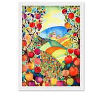 Artery8 Apple Tree Orchard Fields In Summer Folk Art Landscape Watercolour Painting Artwork Framed Wall Art Print A4 in White Artery8 White