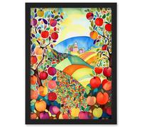 Artery8 Apple Tree Orchard Fields In Summer Folk Art Landscape Watercolour Painting Artwork Framed Wall Art Print A4 in Black Artery8 Black